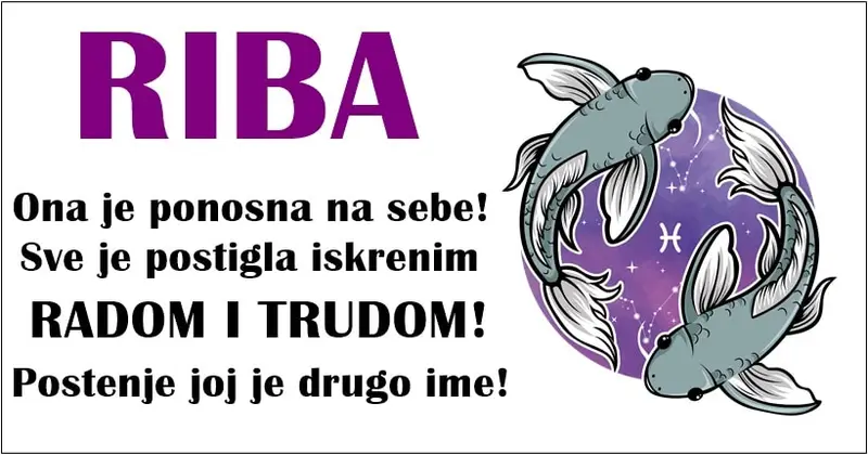 Riba je nežna, iskrena, dobra duša koja svima želi pomoći, i to rado čini ako može! Riba je nežna, iskrena, dobra duša koja svima želi pomoći, i to rado čini ako može!